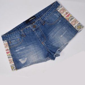 ONeill Denim Tribal Stripe Shorts Women 11 Distressed Boho Hippie Casual Surfer